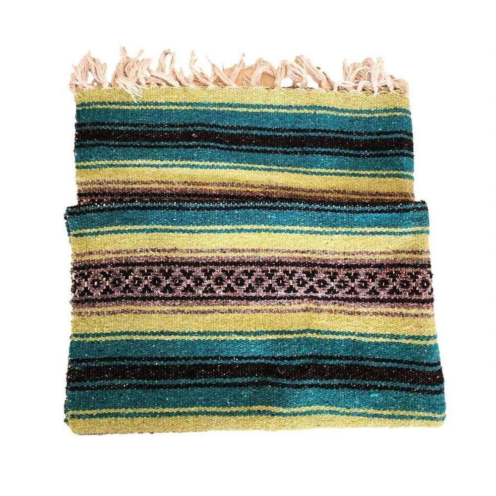 Mexican Vibrant Woven Blanket or Sarape in Blue/Green/ and Grey
